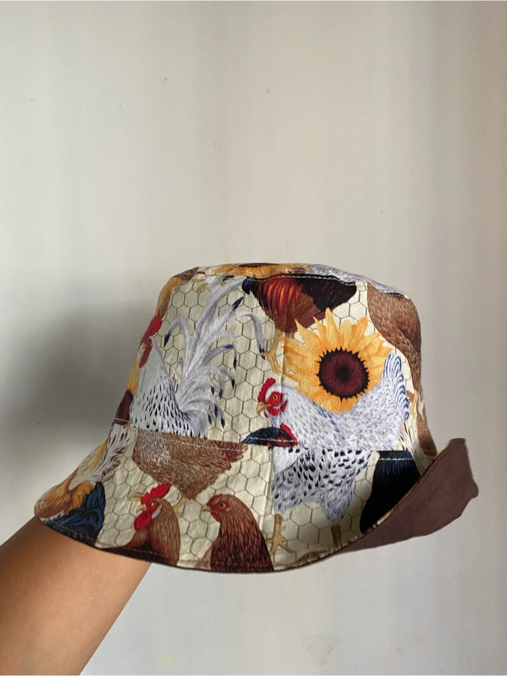 Hand Crafted Brown Bucket Hat with Embroidered Chicken